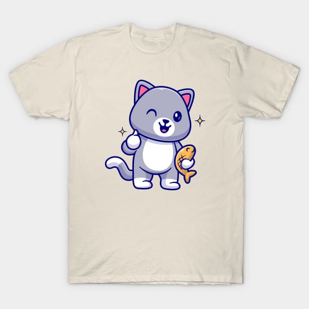 Cute Cat Holding Fish With Thumb Up Cartoon T-Shirt by Catalyst Labs